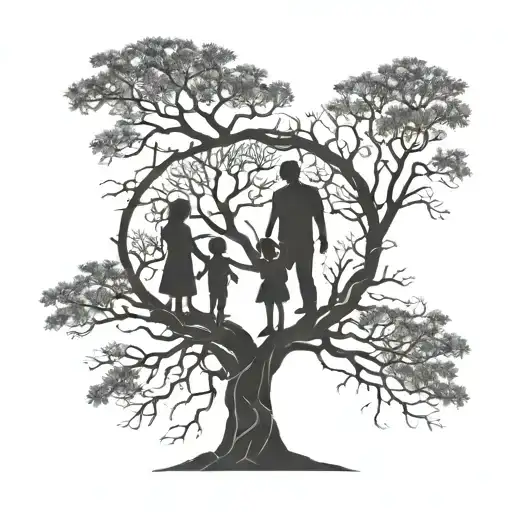 Tree Thin Branches Rots Silhouette Of Father Mother Son Daughter