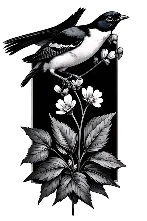 Myosotis And Leaf Plant With A Bird