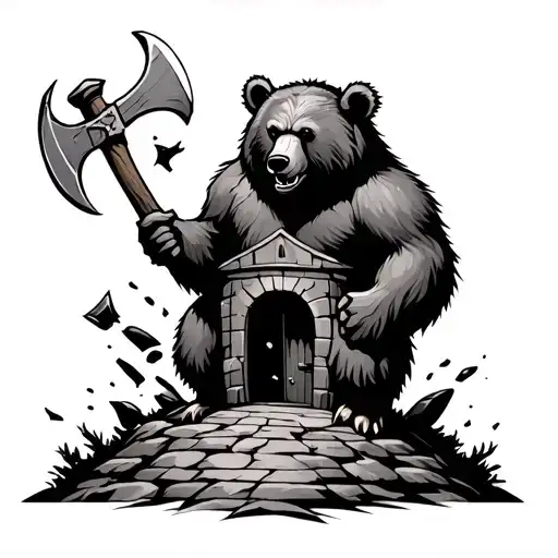A Bear Holding An Axe And Breaking The Door Of A Tower On A Hill