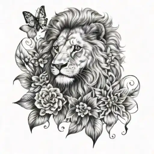 Lion And Lion Cub With Butterflies And Flowers