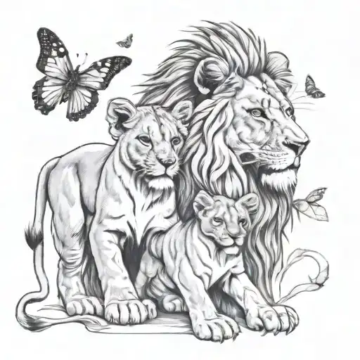 Lion And Lion Cub With Butterflies