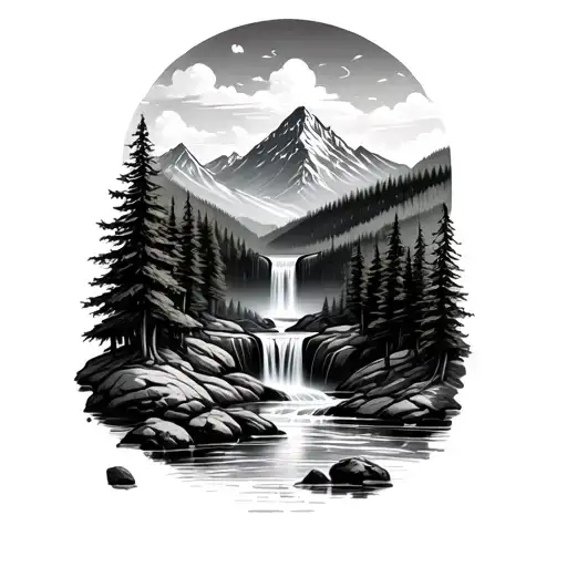 River Going Through A Forest That Ends With A Waterfall And With Mountains Above