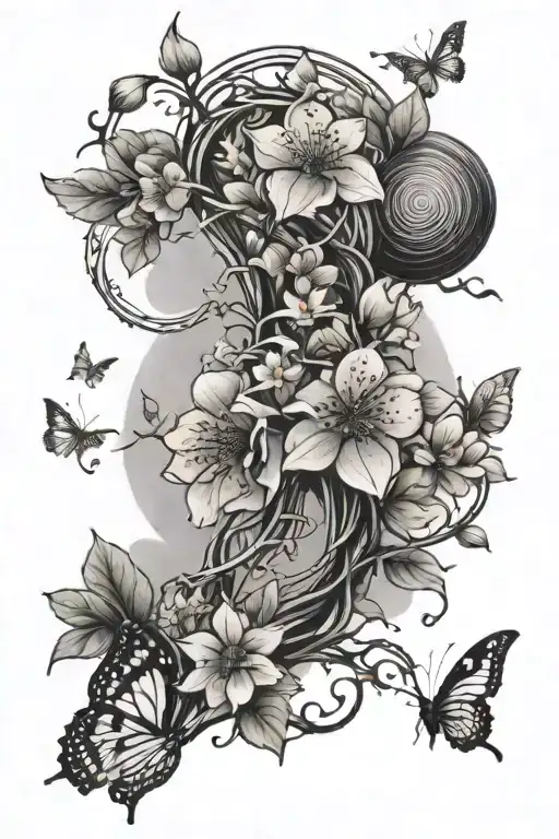 Cherry Blossom Branch Winding Around Leg With Butterflies And A Sun And Moon