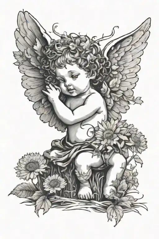 Cute Cherub Holding A Dandelion Flower And Sitting In A Field Of Flowers