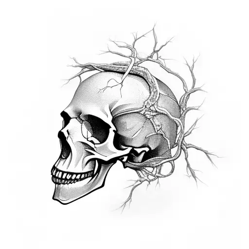A Skull Morphing Into A Tree With Intertwined Roots