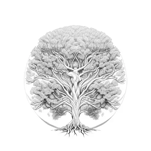 An Intricate Tree Of Life With Roots Spreading Into A River