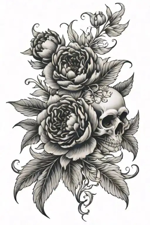 Peony Flower Intertwined With Skull And Acanthus Leaves