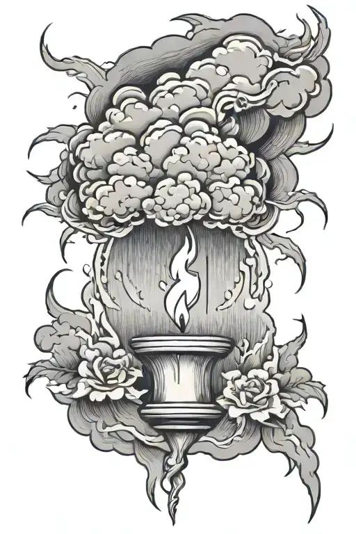 Storm Cloud With Lightening Bolt Over Lit Candle In Front