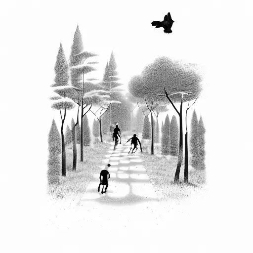 A Silhouette Of A Family Running Through A Forest