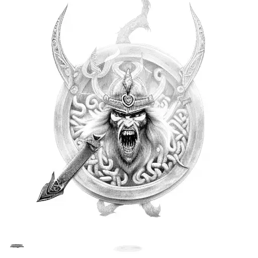 A Detailed Black-grey Tattoo Of A Mythical Norse Creature Wielding A Sword And Spear