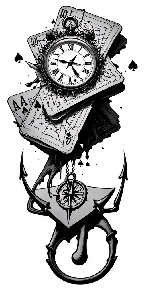 Broken Clock Melting Onto Aces Poker Cards On Top Of A Compass With A Anchor Hanging In A Spiderweb
