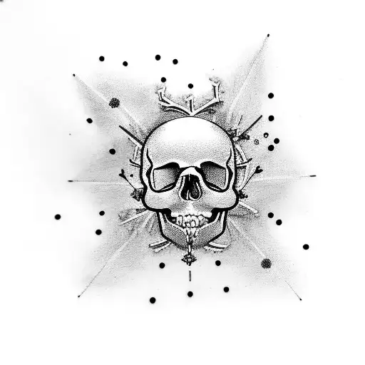 A Minimalist Black And Grey Tattoo Of A Skull With Snowflakes Falling Around It