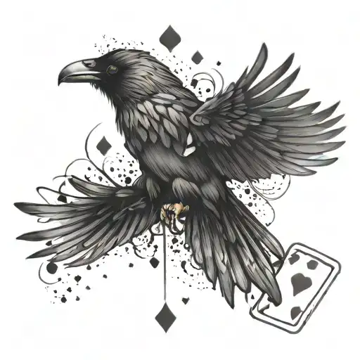 Crow Flying With Playing Cards Falling Around It Going Down Arm
