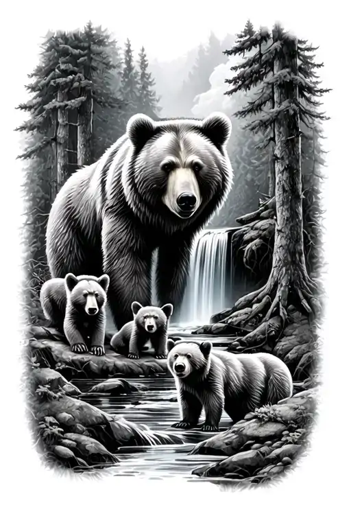 Bear And Cubs In Forest With Waterfall Cascading