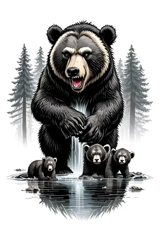 Angry Bear With Two Cubs In Forest With Waterfall Cascading