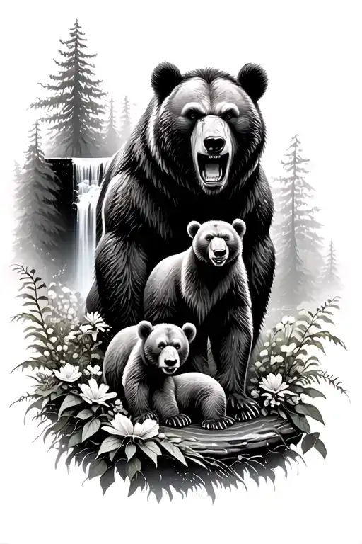 Angry Bear With Two Cubs In Forest With Waterfall Cascading And Flowers Surrounding