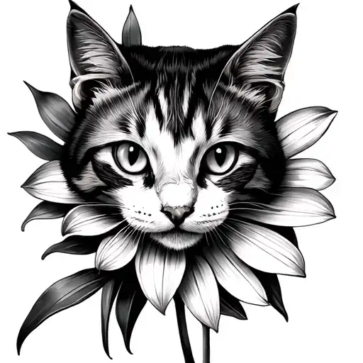 Fine Line Tatoo Of Daffodil Flower With Cat