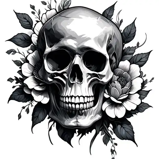 Fine Lines Flowing Skull Flower Intertwined