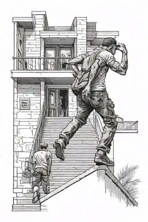 Guy Walking Up On Stairs And Looking Back At The People He Has To Leave Behind