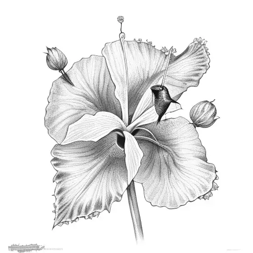 Hummingbird Feeding On A Hibiscus Flower In Purple And Blue