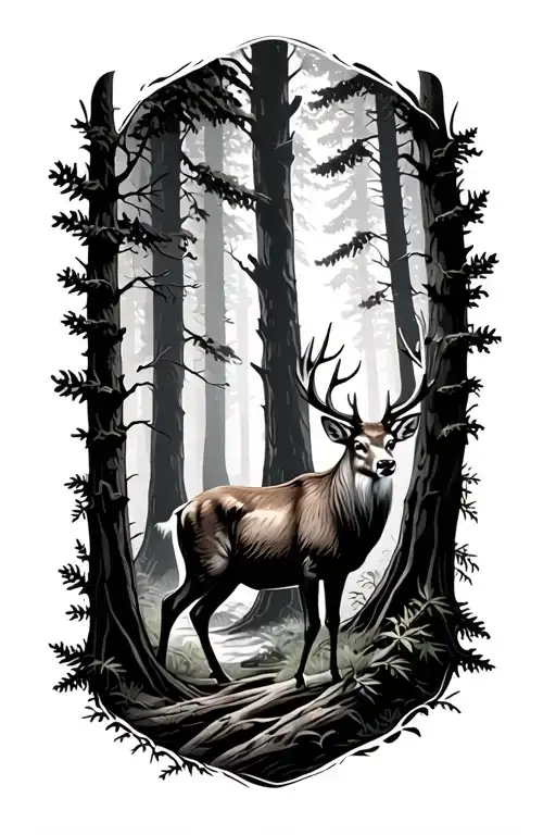 Forest With Buck Standing In Woods