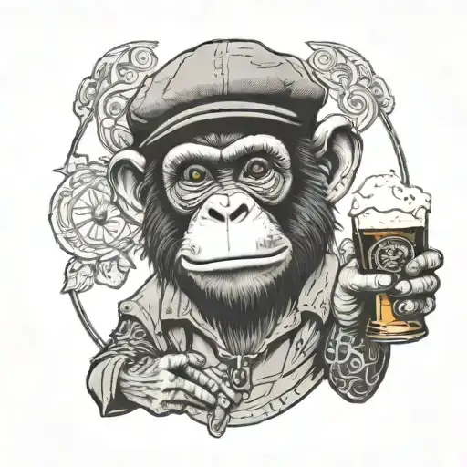 A Monkey Wearing A Flat Cap Holding A Pint Glass