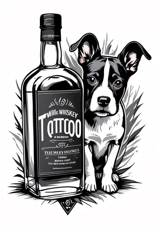 Traditional Style Tattoo Of A Whiskey Bottle With A Black And White Dogs Face On The Bottle