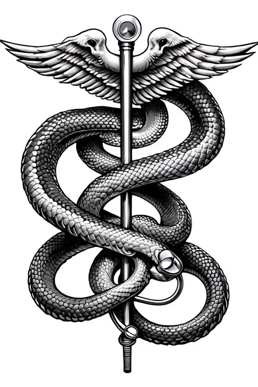 Powerfull And Majestic Snake Around A Rod Of Caduceus With A Stethoscope