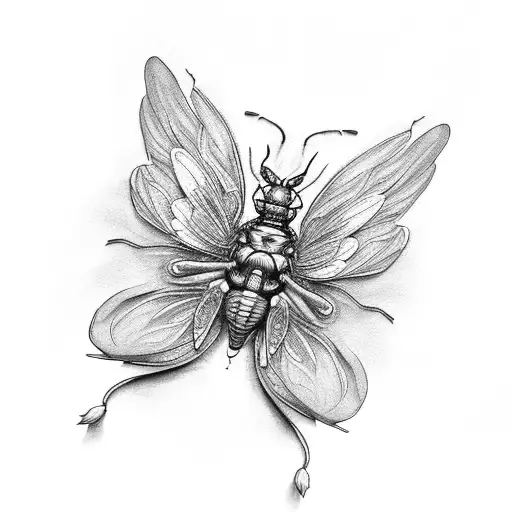 A Black And Grey Tattoo Of A Bug With Wings Made Of Delicate Flower Petals