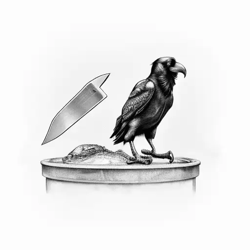 Security Camera Pointed At A Raven Holding Two Butcher Knives In A Threatening Manner