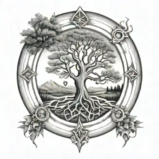 Four Tree's With A Circle Window In The Middle With A Diamond Shape In The Middle Of The Circle