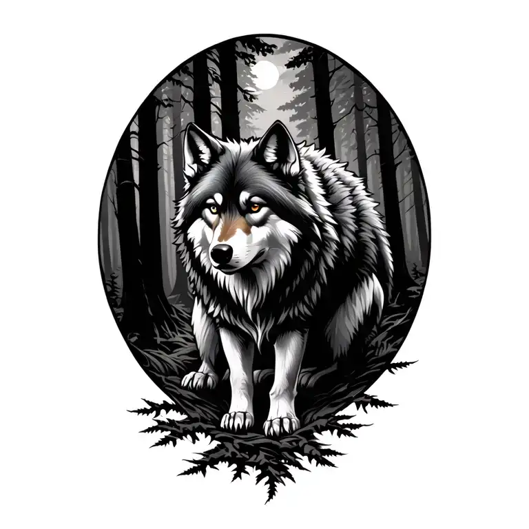 Wolf In The Dark Forest With