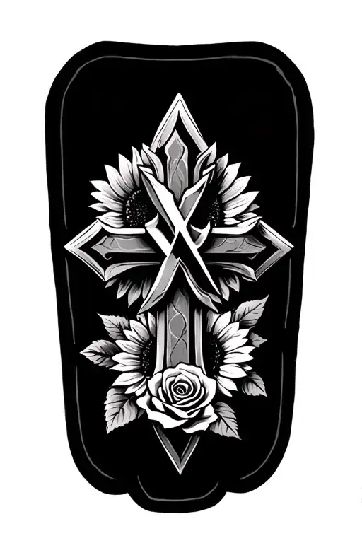 Cross Tattoo With X-xiv-mcmlxii Inside Of It And A Rose And Sunflower Around It