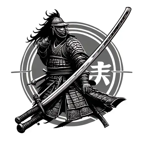 Samurai And Sword With Warrior Kanji Symbol