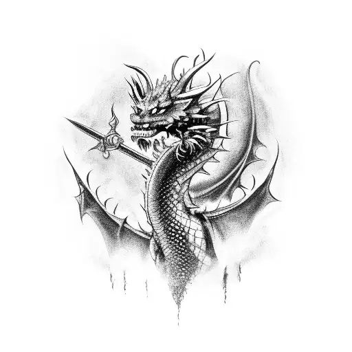 Dragon With Firey Sword Through Its Neck