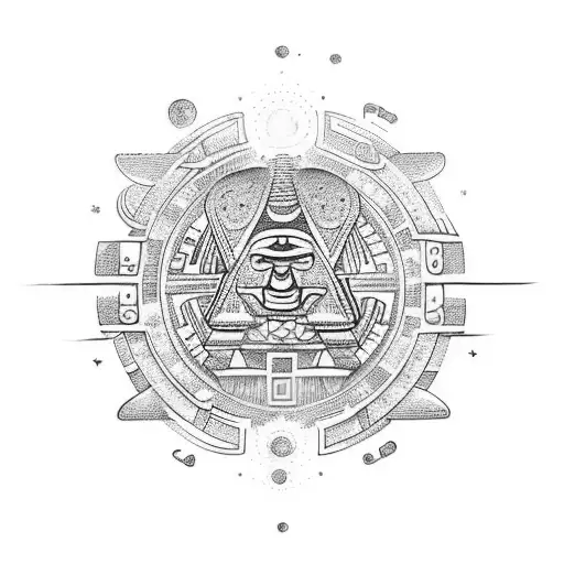 Traditional Style Tattoo Of A Mayan Calendar With A Space-themed Background