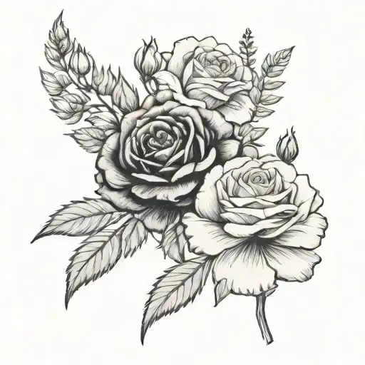 Birth Flower Bouquet Tattoo Rose And Marigold Flower With Names