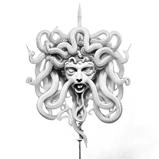 Medusa Head Hanging On A Sword