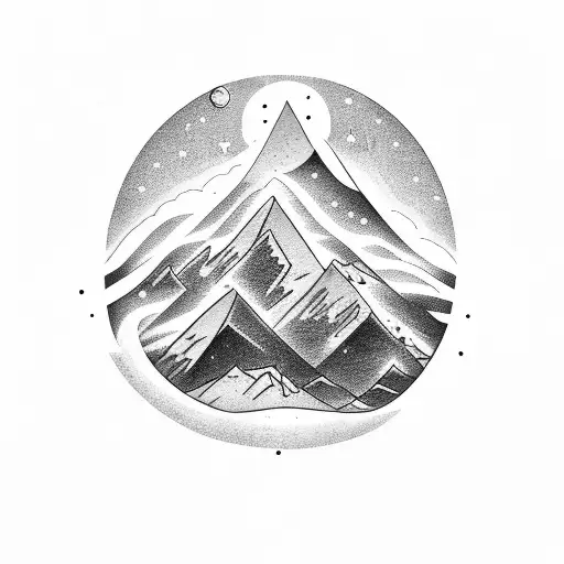 A Mesmerizing Black-grey Tattoo Of A Mountain Range With Constellations Forming In The Sky