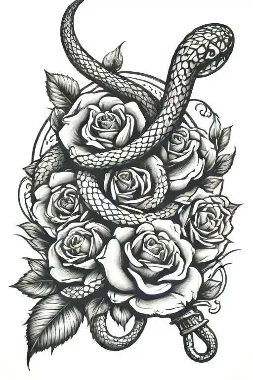 Snake And Rose With Knife Intertwined