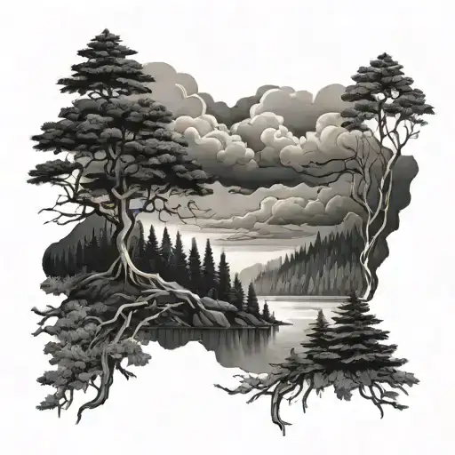 A Powerful Storm Brewing Over A Serene Forest Scene