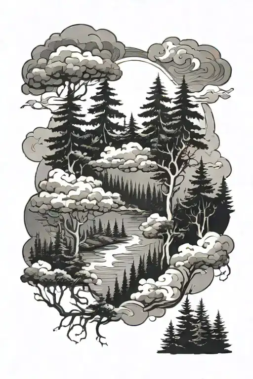 A Powerful Storm Brewing Over A Serene Forest Scene