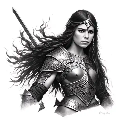 Slavic Female Warrior Full Body In Pencil Drawing