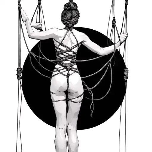 Puppet Master With Strings Woman In Shibari With Wrists Bound Above Head Knot Intertwined Back View