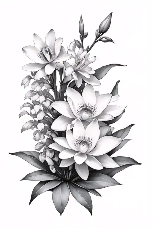 Orchid Delphinium And Water Lily