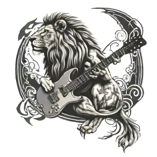 Create A Tattoo Featuring A Lion Playing An Electric Guitar With Circuitry Details