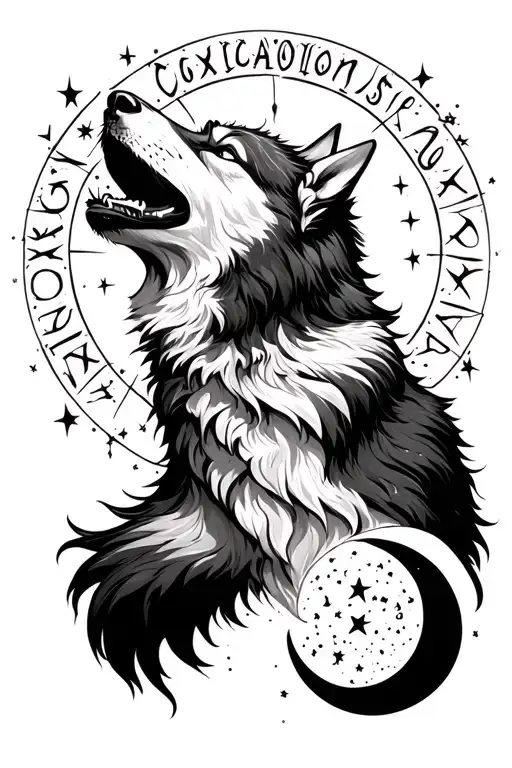 Wolf Howling At The Moon With The Consellation Of Aquarius Written In The Stars