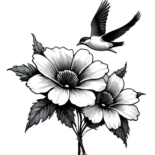 Two Flowers And One Bird Flying