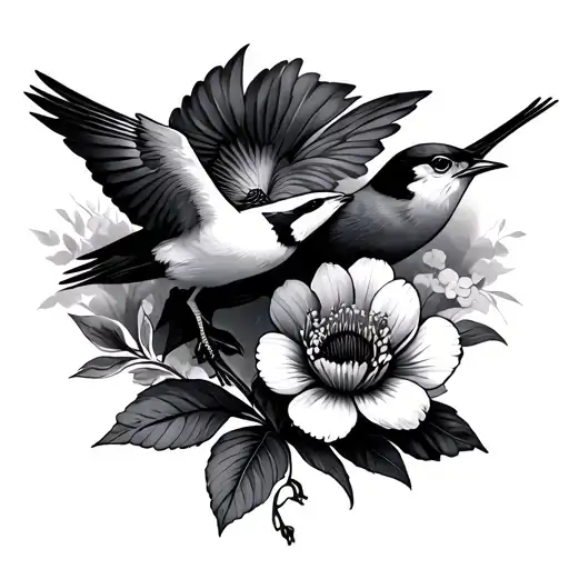 Two Lark Flowers And One Bird Flying