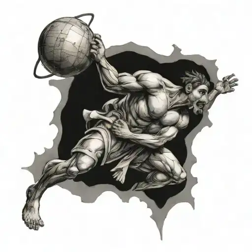 Atlas Battle Damaged And Holding The World Up And Protecting Two Children Underneath It